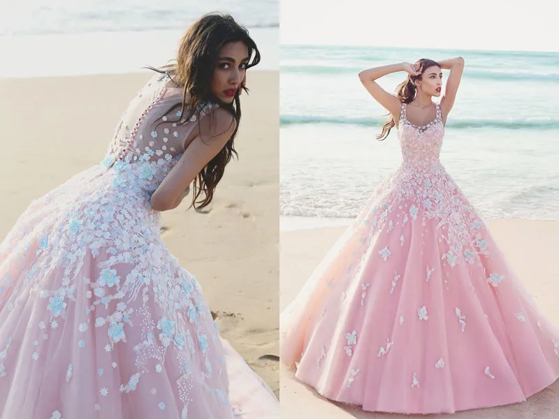 Różowa Suknia Balowa Quinceanera Suknie Scoop Sheer Paski Kwiatowe Aplikacje Tiulowe Długość Prom Dresses Sweet 16 Suknie