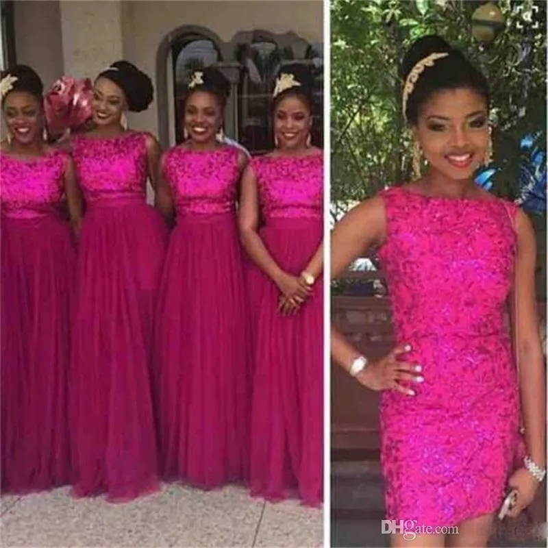 Rose Red Lace Sequin Formal Bridesmaid Dresses 2017 med avtagbar kjol Long Tulle Bröllopsfest Gäst klänningar Nigerian African Style Plus