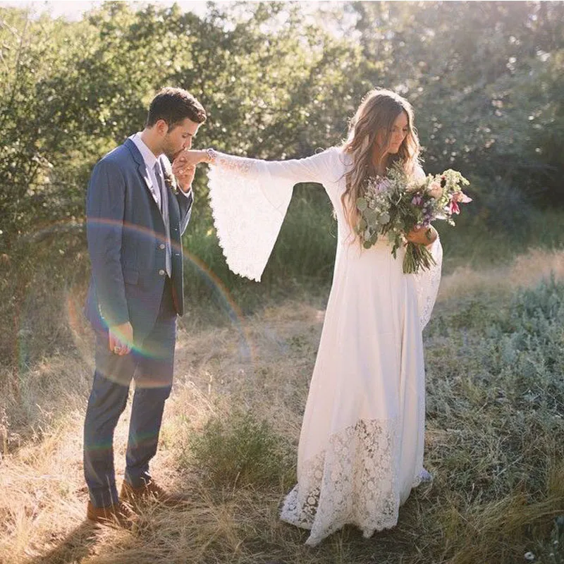 Bohemian Country Style Country Wedding Dresses With Sheer Lace And Flare Bell Sleeves Customizable From Weddingfactory 120.61 DHgate.Com