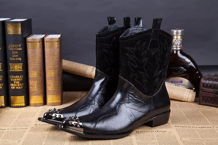 nieuwe 2018 Western Style ROCK herenlaarzen zwarte hulpschoenen laarzen man Puntige stalen neuzen lederen heren Ridderlaarzen, 45/46