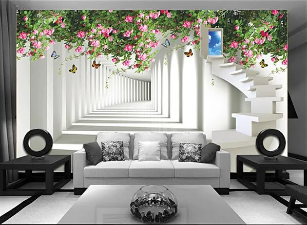 Espaço 3D para expandir a rosa borboleta escadaria TV mural 3d murais de parede para sala de estar