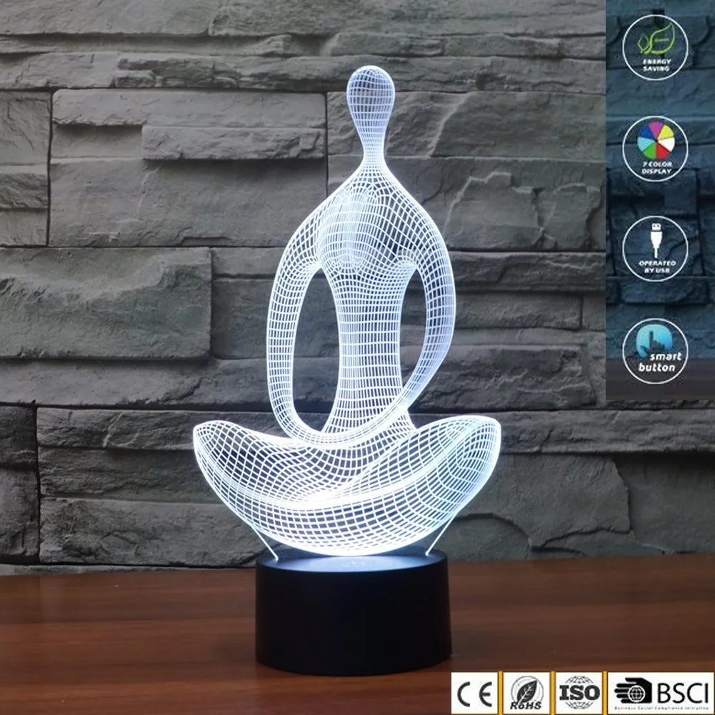 Lampa 3D Illusion Sitting Medytacja Wizualne Efekt Night Light 7 Kolory świeci z Smart Touch Switch Kabel USB