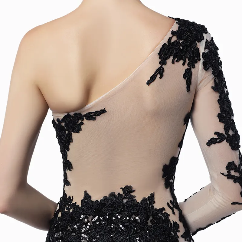 Einzigartiges Design Sheer Illusion Mermaid Abendkleider 2019 Nude Black Pailletten Applikation One Long Sleeves Promi-Abschlussballkleider5495380