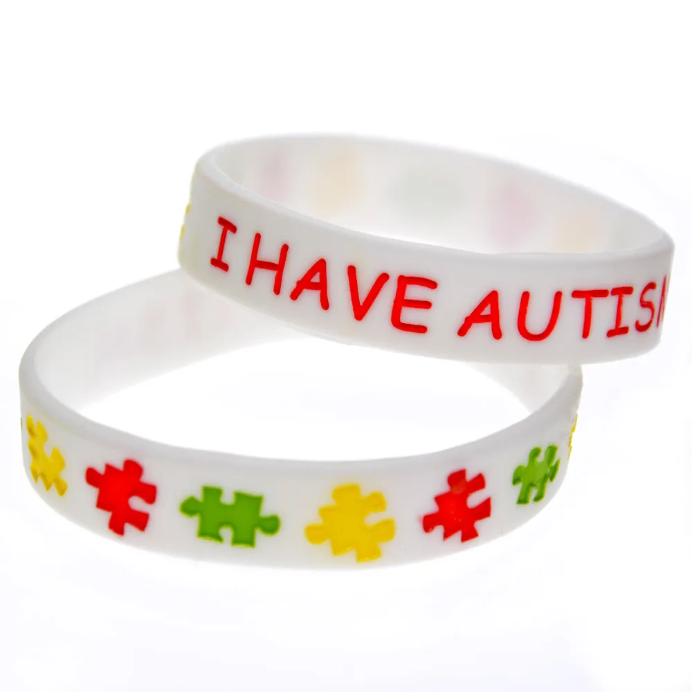 100 stks ik heb autisme siliconen armband kinderen maat inkt gevuld puzzel logo 4 kleuren