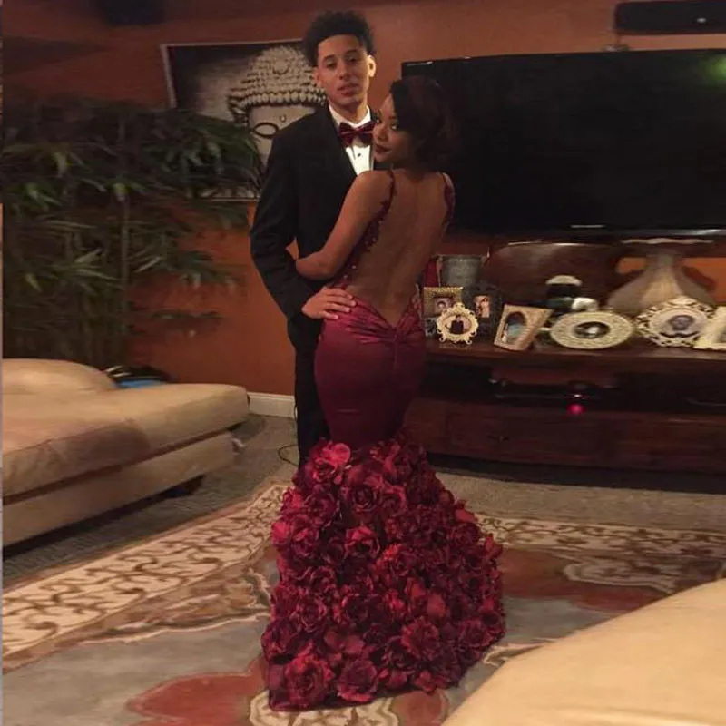 Sexy See Through Backless Prom Dresses African Style Dark Red Handmade Flowers Sequins Appliques Mermaid Evening Gowns Hot Cocktail Dress