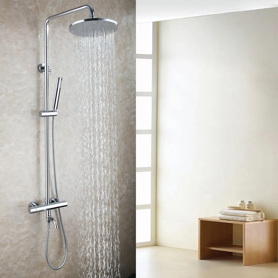 Exposed Bath Thermostatic Shower Mixer Faucet Set 10 Inch Round Rain Bathroom Shower Head Brass Hand Shower 2105