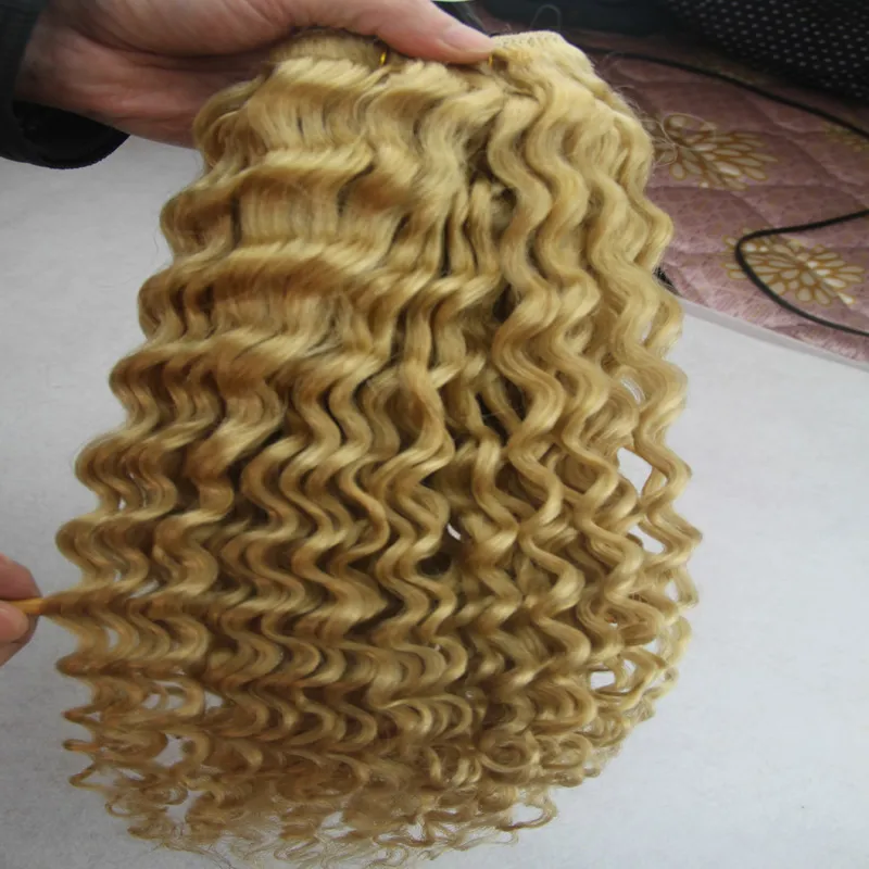 Loira cabelo brasileiro Kinky Curly Human Human Bundles 100G Loira Cabelo Weave Não-Remy Tecelagem