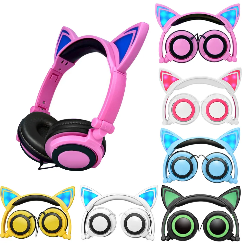 Składane słuchawki z uszami kota ze świecącymi diodami LED słuchawki z pałąkiem na głowę zestaw słuchawkowy do gier uszny na PC Laptop telefon komórkowy MP3 dziecko