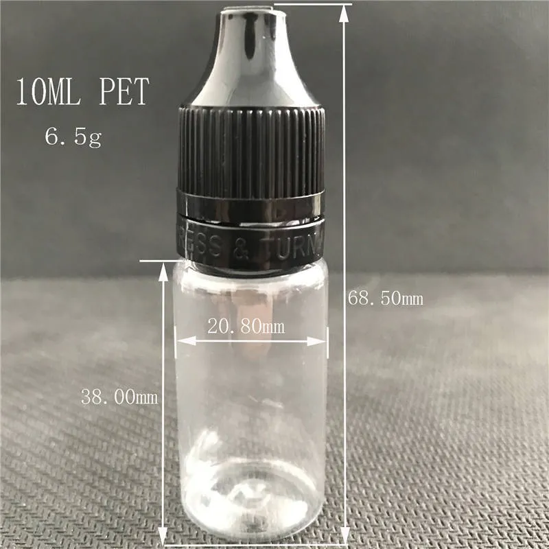 Nieuwste 10 ml e vloeibare fles huisdier transparante plastic druppelaar naald tip fles met tamper evident kind proof pers draai caps voor ejuice