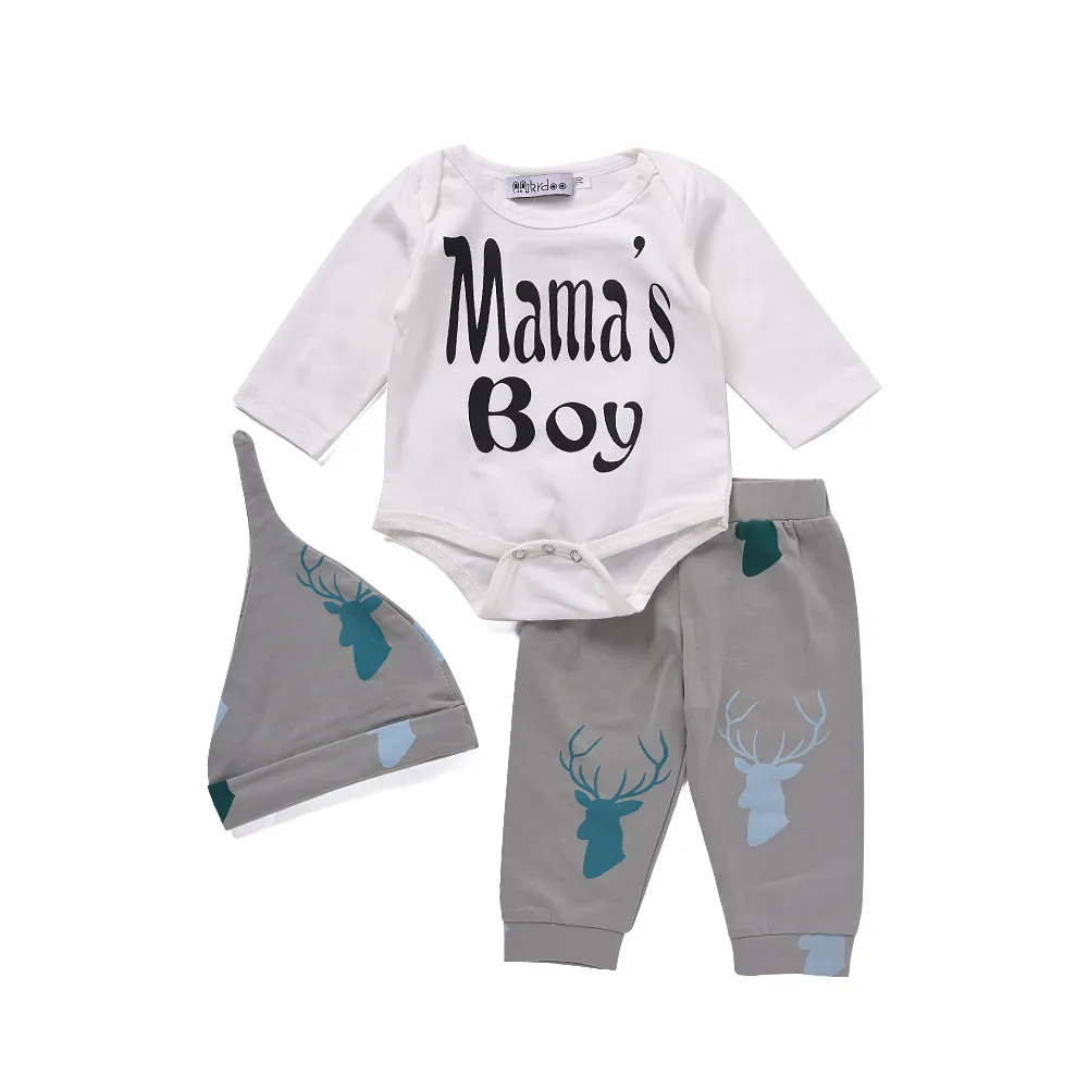 Mikrdoo Natale Neonato Abbigliamento Bambini Lettera Mama's Boy Manica Lunga Pagliaccetto Cervo Pantaloni Cappello 3 pz Toddler Tuta Abbigliamento Neonato Tuta