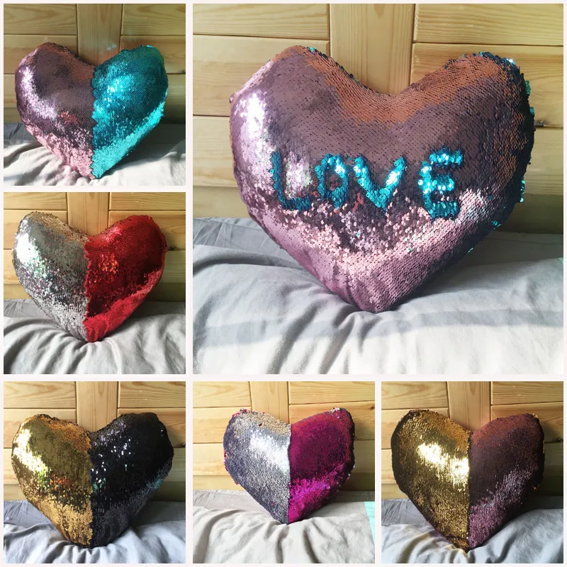 2017 New Sequin Pillow Covers Love Shape Magic Mermaid Discolor Sequins