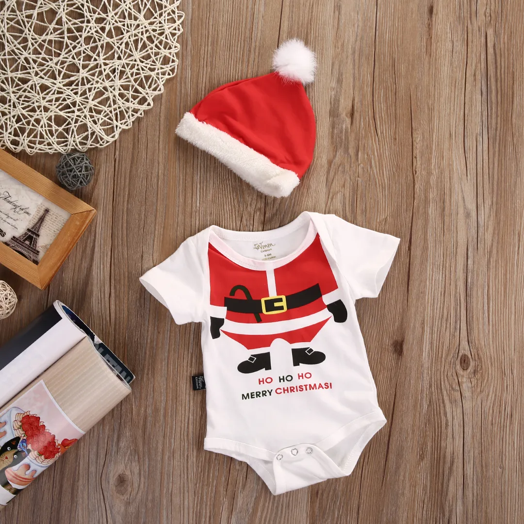 Wholesale- Cute Newborn Baby Girl Boy Playsuit Romper Santa Hat XMAS 2pcs Outfits Set Kids Christmas Clothes