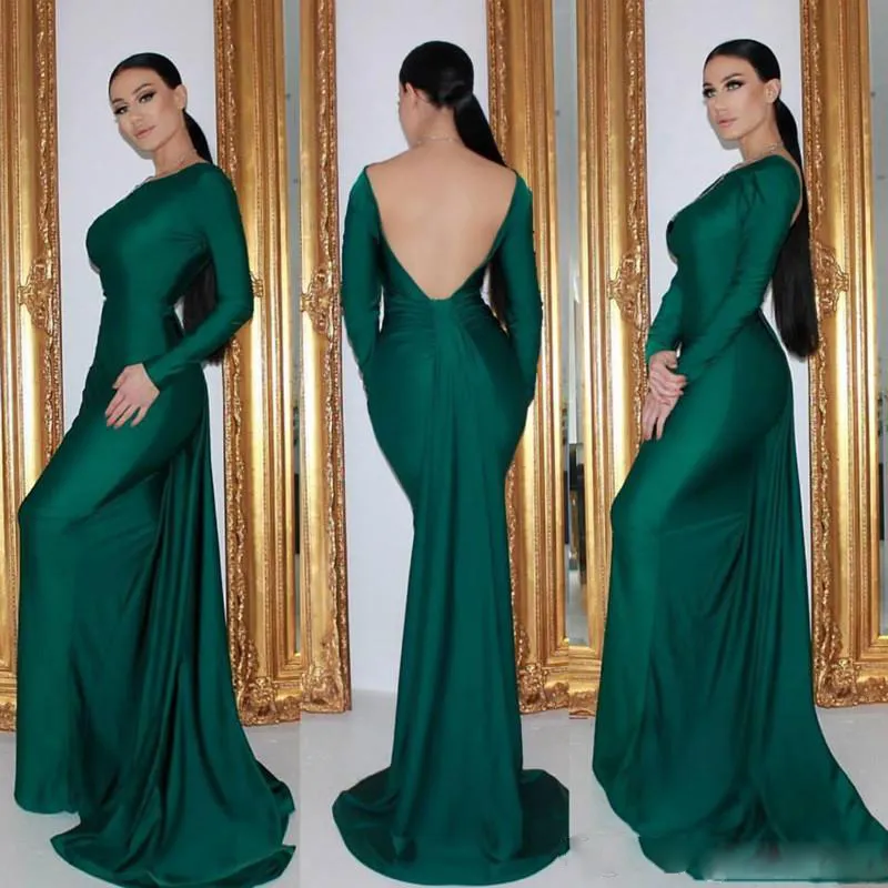 Emerald Long Sleeve Open Back Evening Gowns 2017 Sweep Train Prom Dress Saudi Arabia Dubai Women Formal Party Dress