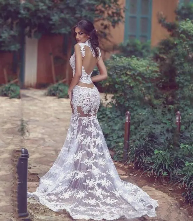 Estate 2020 abiti da sposa trasparenti sexy collo alto sirena in pizzo illusione corpetto gonna trasparente abiti da prima notte da sposa lunghi