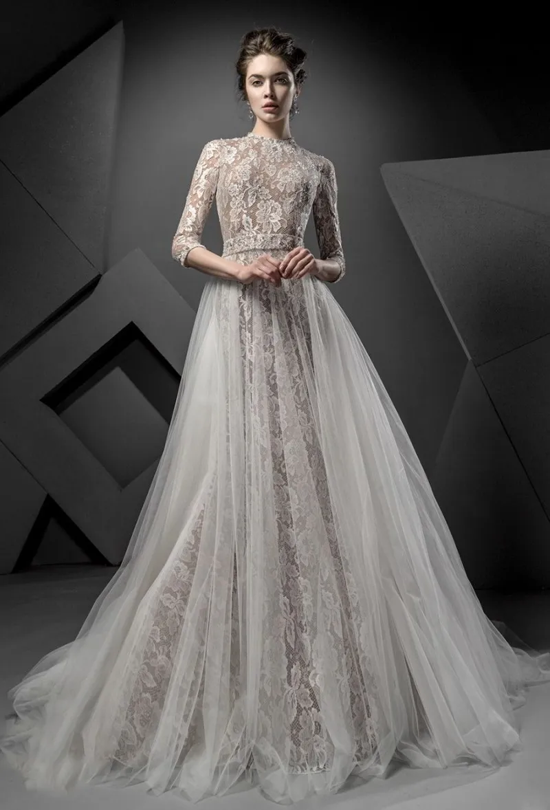 ERSA Atelier Винтажные свадебные платья с бесплатной свадебной вуалью полный кружевной аппликации бусины элегантные плюс размер свадьбы на один слой Bridal вуаль