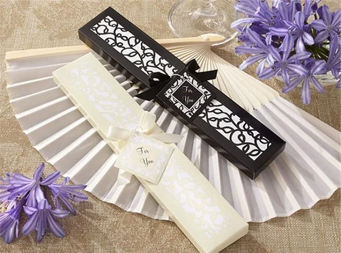 DHL Luxurious Silk Fold hand Fan in Elegant Laser-Cut Gift Box Black; Ivory +Party Favors/wedding Gifts