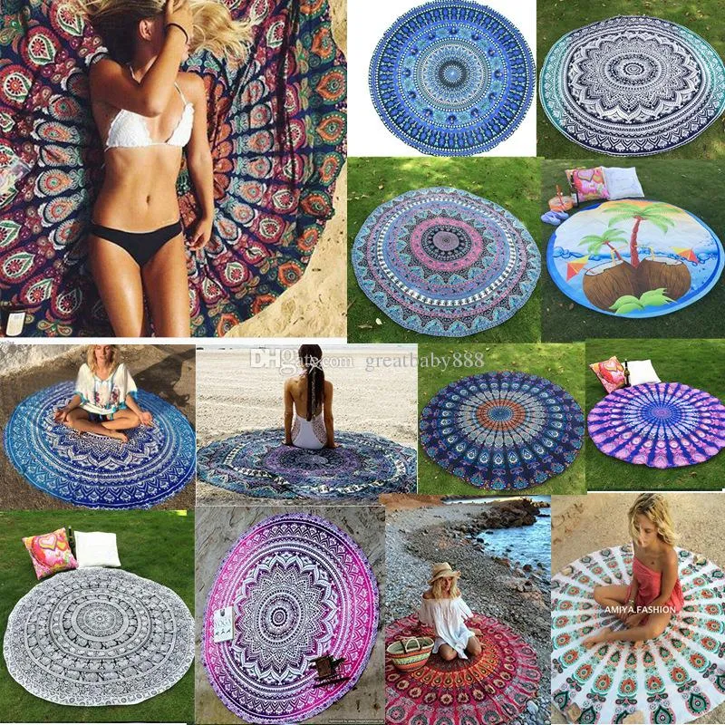 150cm*150cm Round Beach Towel Mandala Boho Beach Towels Polyester Printed Serviette Covers for Summer Yoga Beach mat 49 colors C2287