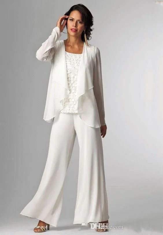 White Chiffon Mother Of Bride Pants Suits Lady Mother Groom Pants With Jacket Women Formal Trouser Suits