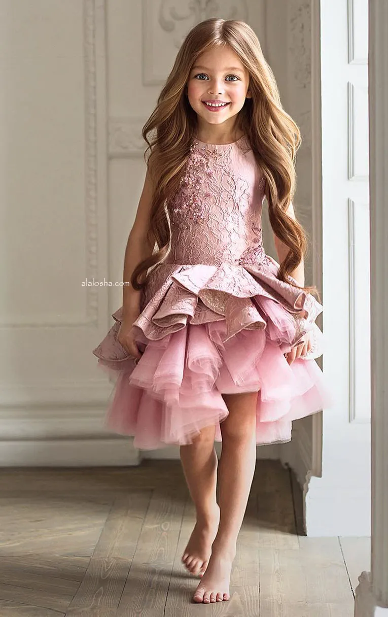 Luxury Lace Pink Lace Flower Girl Dresses 2017 Appliques Ruffles Tiered Kids Beauty Pageant Ball Gowns for Girls Vestidos