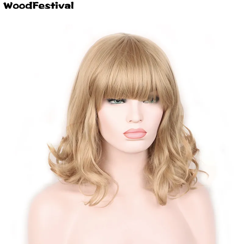 WoodFestival 女性人工毛ウィッグ前髪波状コスプレボブショートウィッグ女性のためのブロンドナチュラルブラックダークブラウンレディース