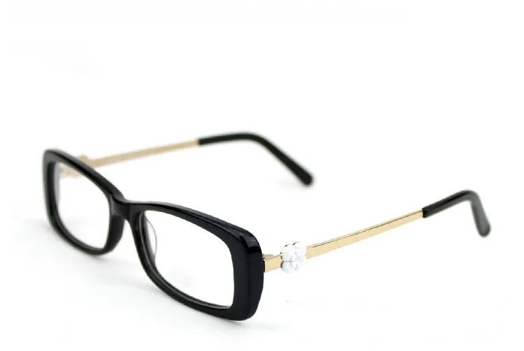 FashionElegant CH0088 Damen-Brillengestell, schmal, rechteckig, 53–19, hochwertiges Metall, reines Plankenmuster, mit Blumendekor, komplettes Brillenetui für Korrekturgläser