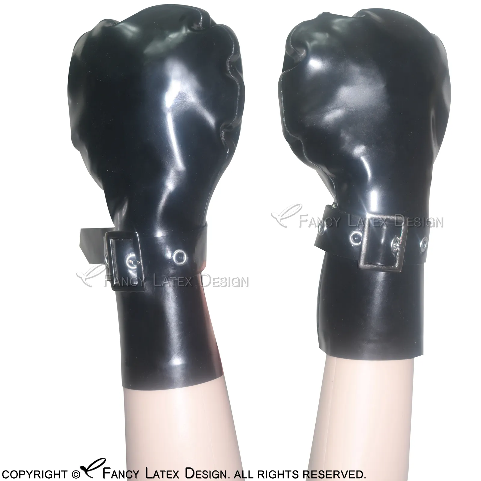 Black Sexy Latex Gloves Costume Accessories with Belts Buckles Fetish Bondage Rubber Mitts Plus Size 0002303B