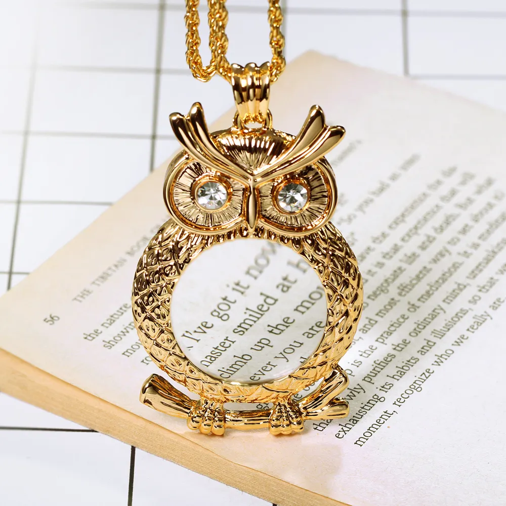 Nouveau collier loupe mode femme pendentif chouette or et rhodium avec collier loupe en cristal