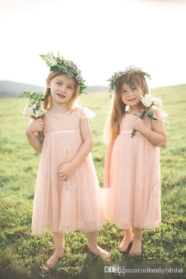 Beautiful Short Ball Gowns Tulle Pink Lace Flower Girl Dresses For Weddings Kids Girls Sleeves Dress Tea Length Garden Communion Gowns