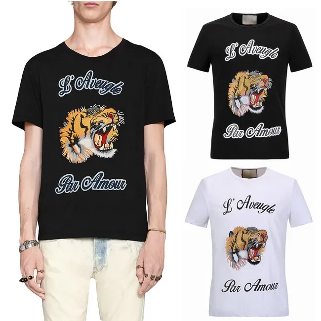 T-Shirt Tête de Tigre Broderie Lettre Tee Stretch Coton Manches Courtes Slim Style Top Homme Col Rond