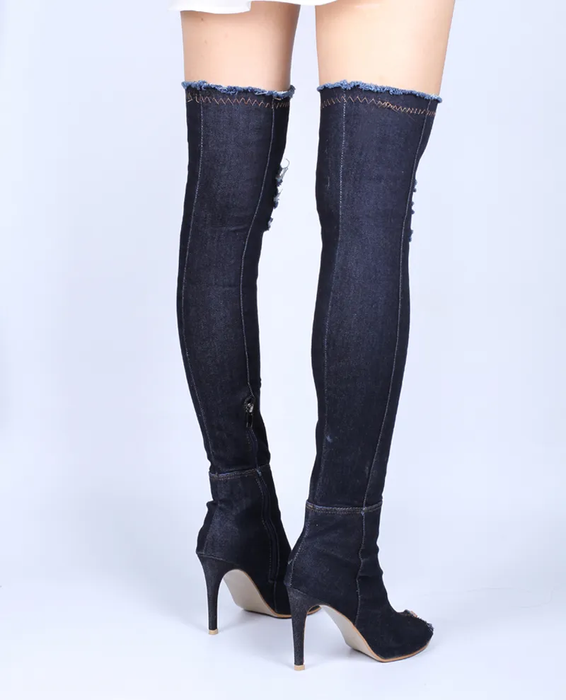 Chaude femmes bottes été automne peep toe sur les bottes au genou qualité haute élastique jeans mode bottes talons hauts