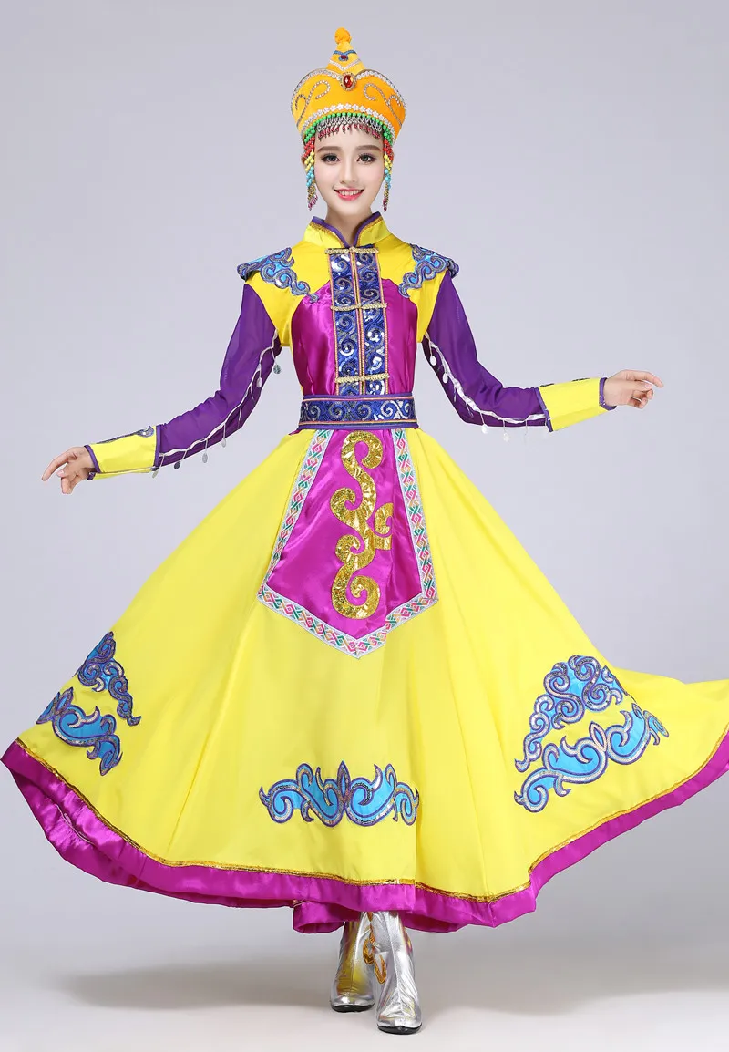 Recién llegado, vestido de oro violeta, vestido étnico, ropa de baile mongol, ropa de escenario mongol para mujer, traje de baile folclórico chino