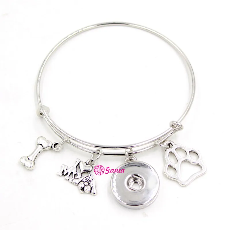 Nieuwe Collectie 18mm Snap Sieraden Pet Dog Bone Paw Print I love dog Bedelarmband Verstelbare Uitbreidbare Snap Wire Bangles Armbanden voor Vrouwen