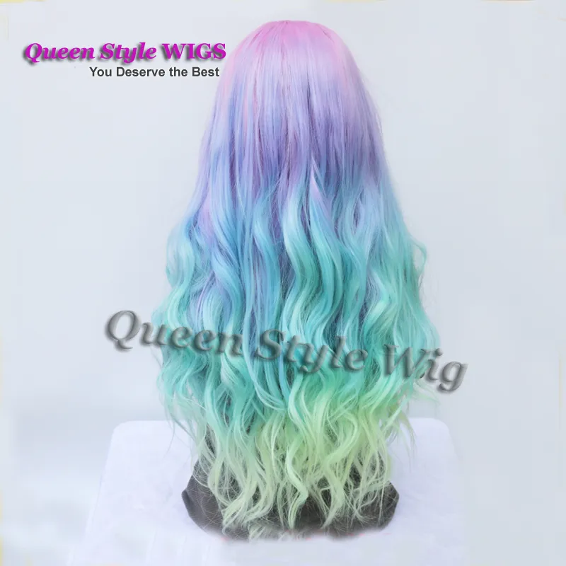Sereia pastel arco -íris peruca sintética cor de arco -íris rosa azul roxo fluorescente ombre verde de cabelo renda frontal sereia Cos54777360