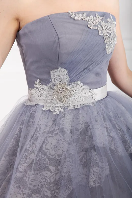graceful grey aline strapless applique lace evening dress with long sash prom party gown ball gown1878950
