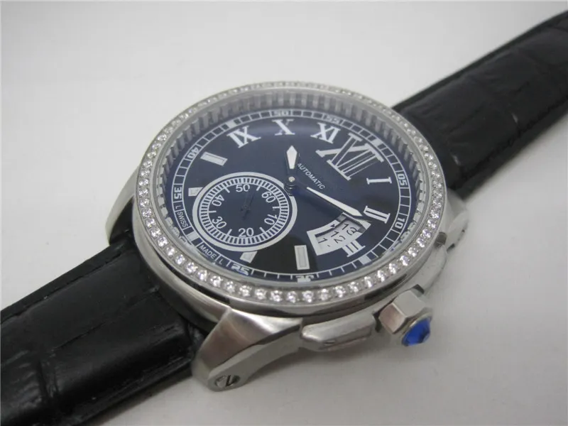 Fashion watch for Man mechanical automatic wristwatch Stainless Steel Case leather strap diamonds bezel 100