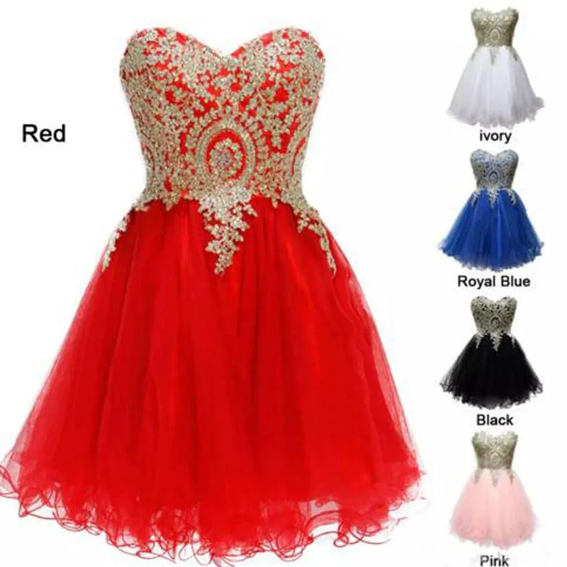 Cristais frisados ​​laço de ouro apliques curtos vestidos de regressos querida sweetheart lace-up de volta vermelho branco rosa branco vestido de festa azul real