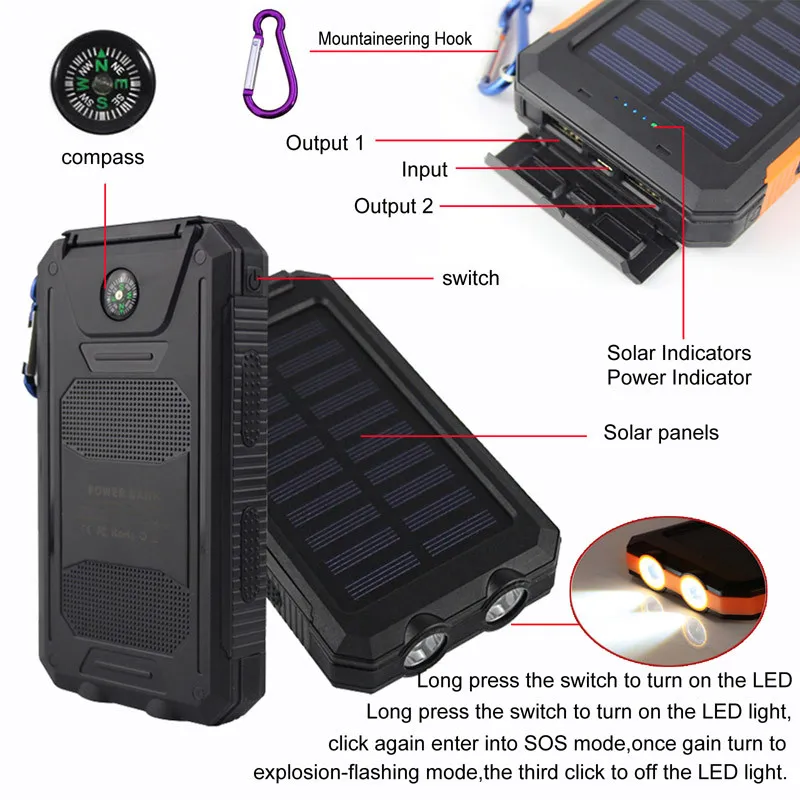 20000mAh 2 USB Port Solar Power Bank Charger Office Batternal Batch مع صندوق بيع بالتجزئة لـ iPhone iPad Samsung