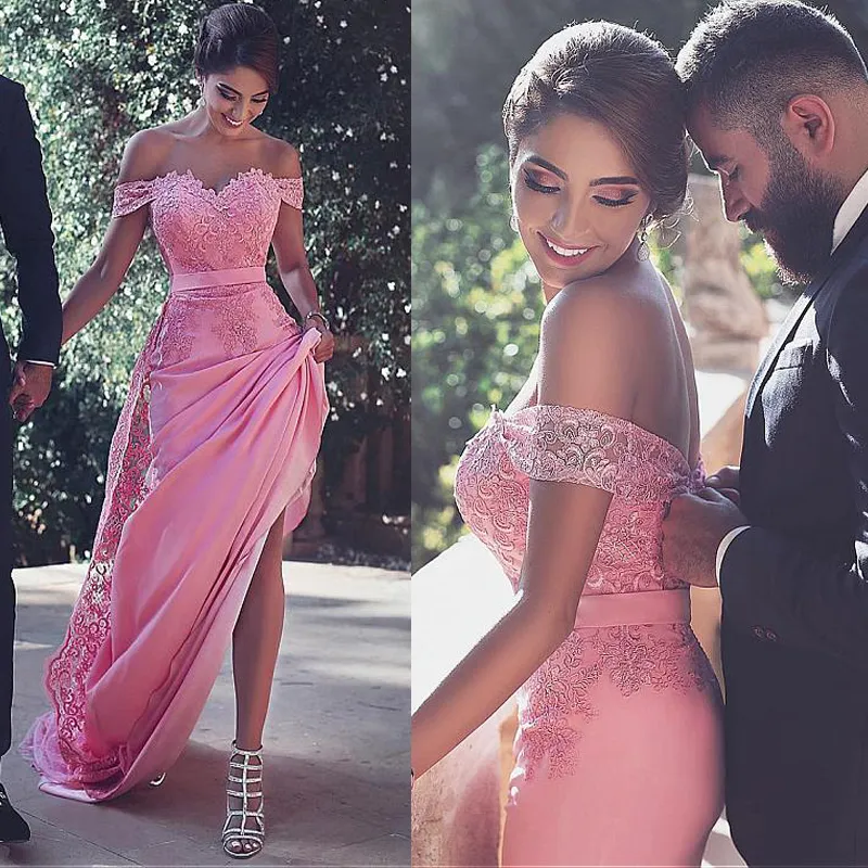 Glamoureuze roze kant applicaties prom jurken fancy nieuwe off shoulder fiesta cap sleeves formele avond feestjurken backless prom jurken