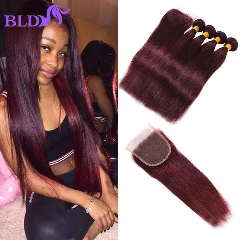 Peruvian 99J Straight Hair Bundles With 4x4 Swiss Lace Closure Burgundy ...