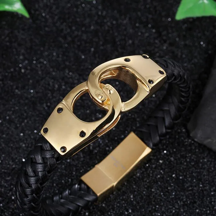 22 CM * 21 MM Pulseiras De Couro Envoltório De Couro Tecida Dos Homens de Couro Genuíno Preto Pulseiras De Aço Inoxidável Pulseira De Prata Em Aço Homem