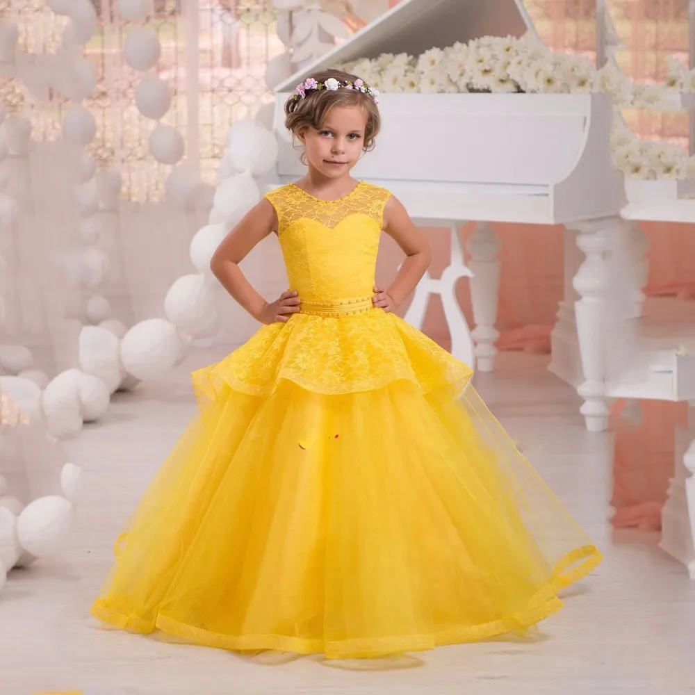 2017 Hot Yellow Pink Scoop Ball Gown Puffy Princess Dress Flower Girl Dresses Girls Pageant Klänningar Tjejer Födelsedag Formell Party Dress