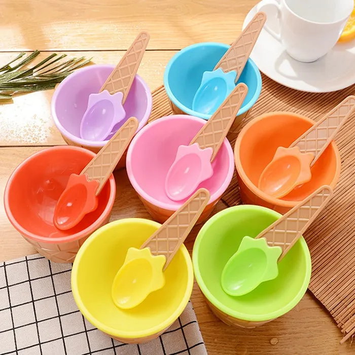 Cute Plastic Ice Cream Bowl With Spoon Eco Friendly Dessert Colorful