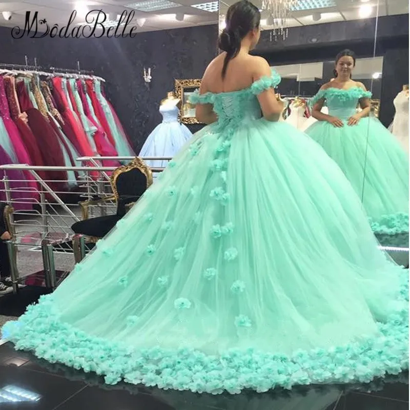 2017 Stunning Mint Green Wedding Dresses With Flowers Arab Wedding Ball Gowns Boat Neck Lace Up Tulle Bridal Dress Vestidos De Novia