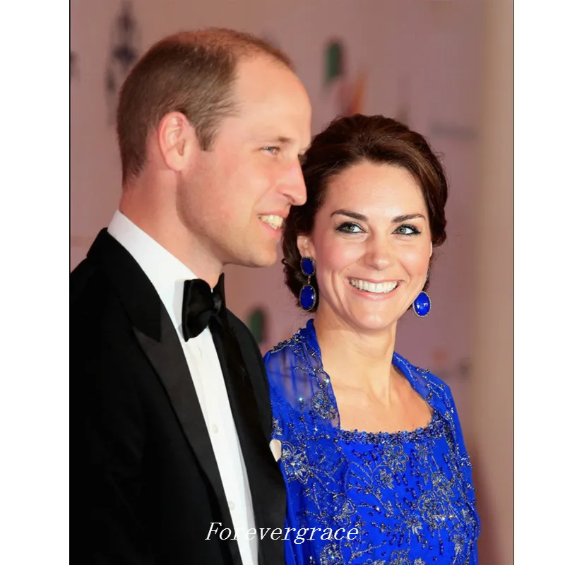 Caftano blu royal a maniche lunghe abito da sera formale in chiffon con perline Kate Middleton abito da celebrità feste economico su misura taglie forti