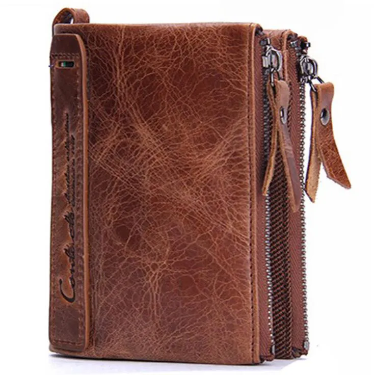 New Men 's Wallets Leather Short Clips Handbag Wallets Cowboy Leather Double Zipper Wallet Free Shipping