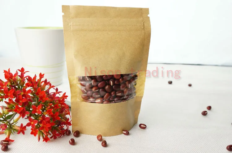 14*20cm standing brown kraft paper ziplock bag with window-stand up coffee bean craft paper sack dustproof, coconut packing pouch