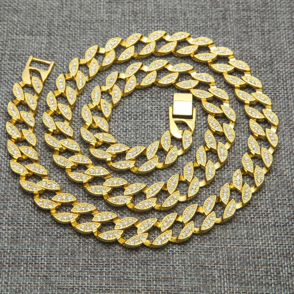 24k Real Gold Plated Miami Cuban Link överdriven glänsande kristall strasshalsband sätter hiphop bling hipster män kedjor 75cm244v