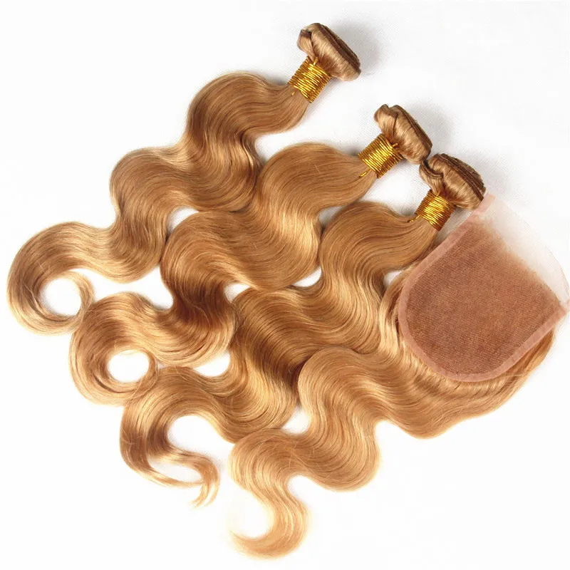 Pure Color Miode Blonde # 27 Human Hair Bundles z koronki Zamknięcie 4x4 Brazylijski Body Wave Wave Extension z zamknięciem Truskawki Blonde