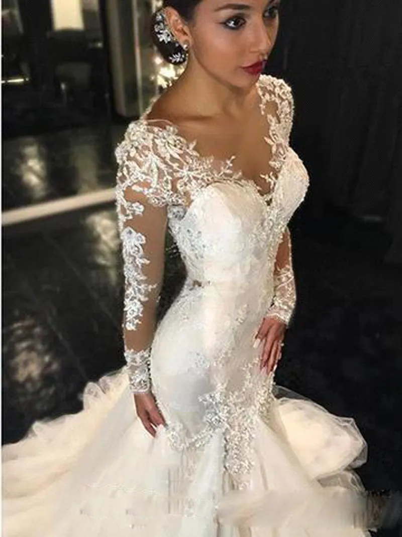 2017 New Sheer Sexy Lace Mermaid Abiti da sposa Dubai Africano Arabo Petite Maniche lunghe Natural Slim Fishtail Abiti da sposa Custom made