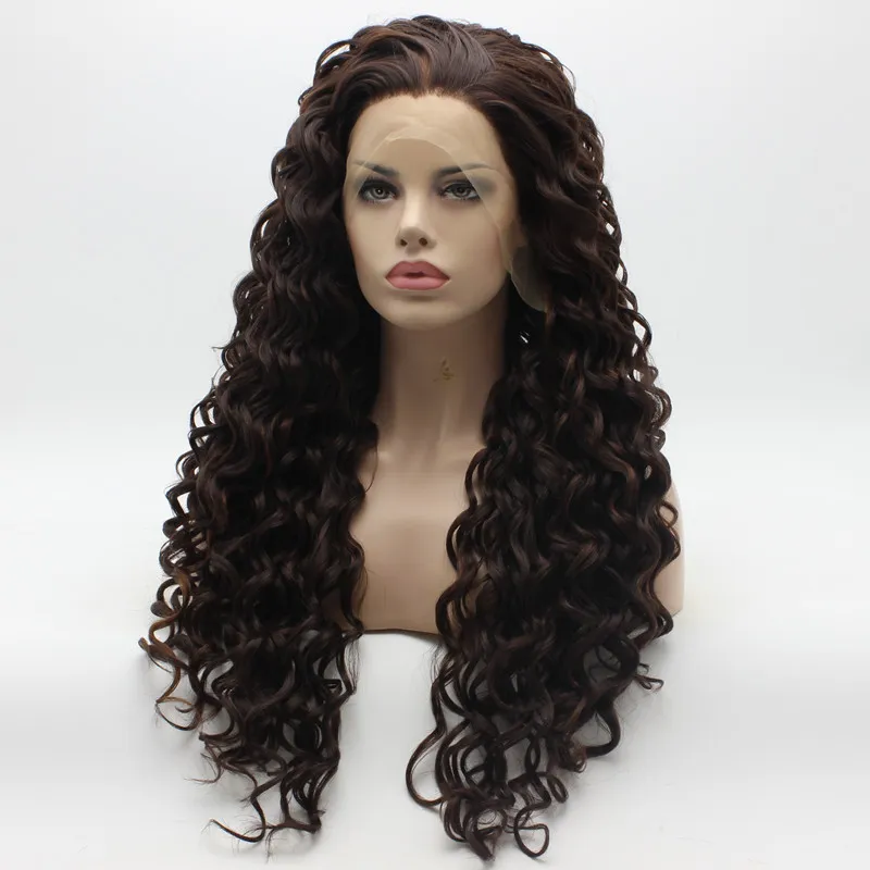 Iwona Cabelo Encaracolado Longo Dois Tons Marrom Auburn Mix Peruca 18630 Meia Mão Amarrada Resistente Ao Calor Renda Sintética Dianteira Diária Perucas Naturais 1789982